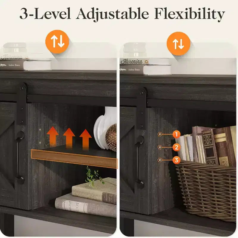 RoyalCraft Farmhouse Entryway Console Table with Storage Shelves, Sliding Barn Door and Spacious Tabletop for Living Room or Foyer, Dark Grey