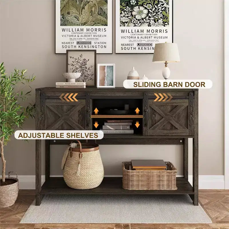 RoyalCraft Farmhouse Entryway Console Table with Storage Shelves, Sliding Barn Door and Spacious Tabletop for Living Room or Foyer, Dark Grey