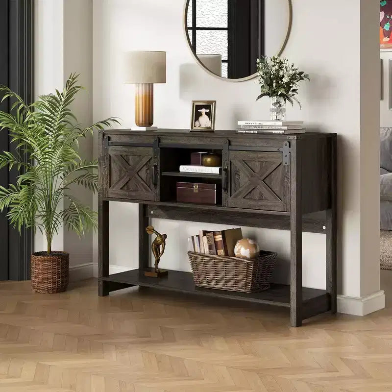 RoyalCraft Farmhouse Entryway Console Table with Storage Shelves, Sliding Barn Door and Spacious Tabletop for Living Room or Foyer, Dark Grey
