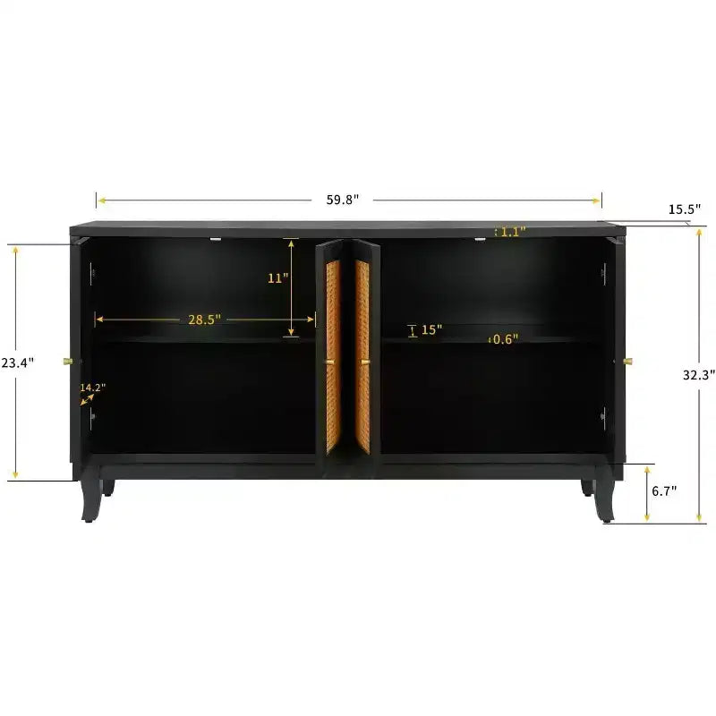 Acekool Rattan Sideboard Buffet Cabinet with 4 Rattan Doors, Adjustable Shelves, Modern Storage Console Table, Blue