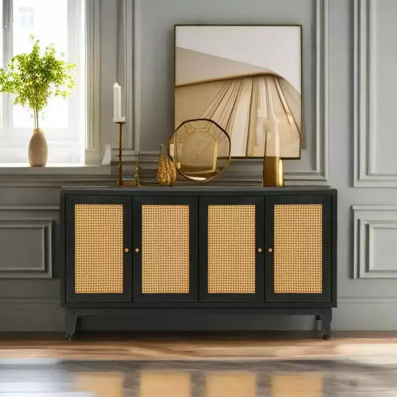 Acekool Rattan Sideboard Buffet Cabinet with 4 Rattan Doors, Adjustable Shelves, Modern Storage Console Table, Blue