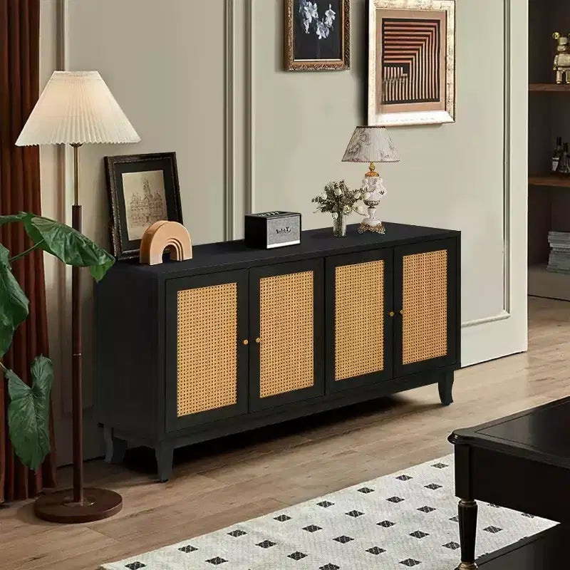 Acekool Rattan Sideboard Buffet Cabinet with 4 Rattan Doors, Adjustable Shelves, Modern Storage Console Table, Blue