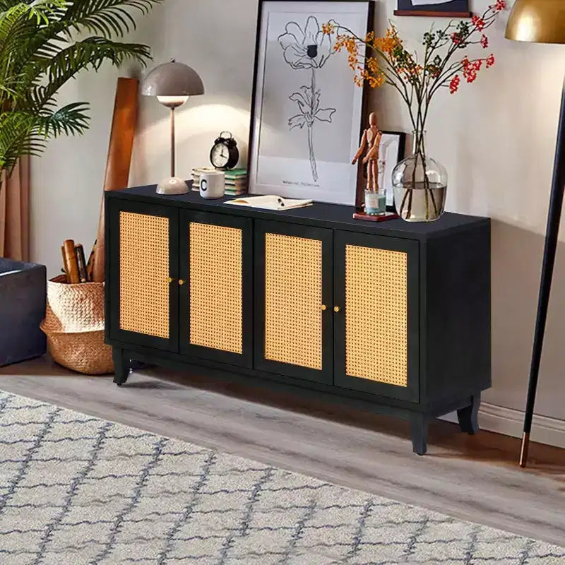 Acekool Rattan Sideboard Buffet Cabinet with 4 Rattan Doors, Adjustable Shelves, Modern Storage Console Table, Blue