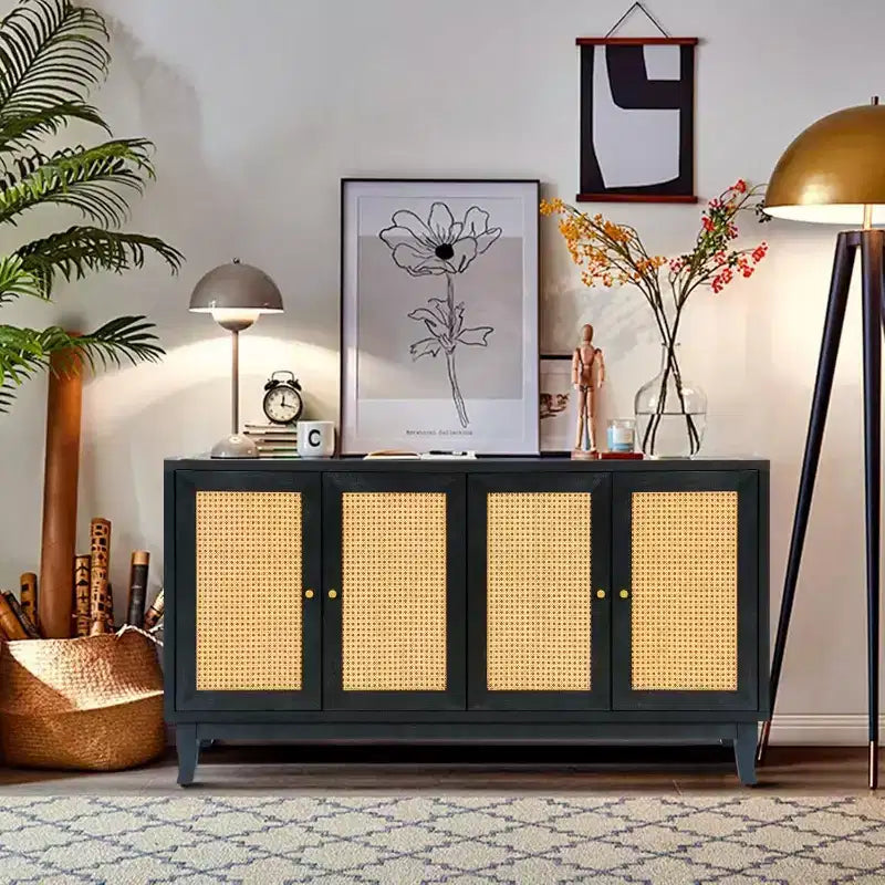 Acekool Rattan Sideboard Buffet Cabinet with 4 Rattan Doors, Adjustable Shelves, Modern Storage Console Table, Blue