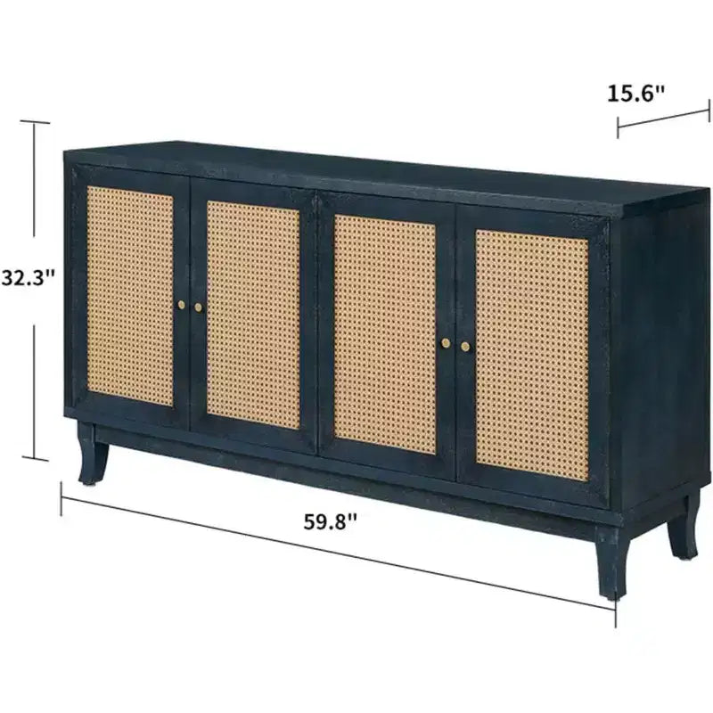 Acekool Rattan Sideboard Buffet Cabinet with 4 Rattan Doors, Adjustable Shelves, Modern Storage Console Table, Blue