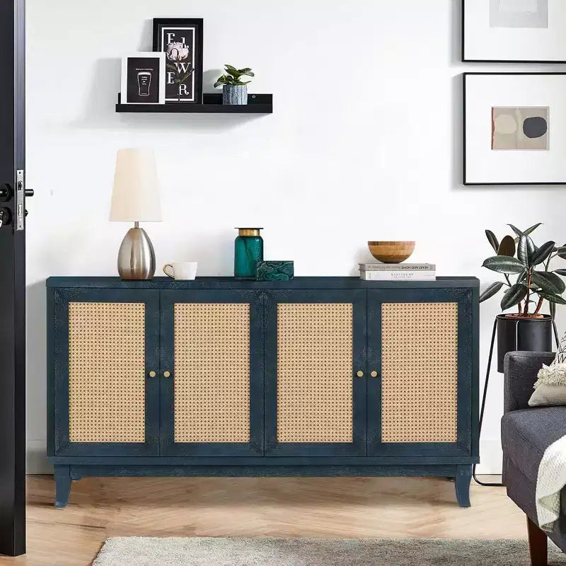 Acekool Rattan Sideboard Buffet Cabinet with 4 Rattan Doors, Adjustable Shelves, Modern Storage Console Table, Blue