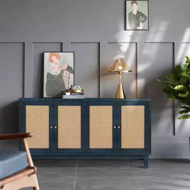 Acekool Rattan Sideboard Buffet Cabinet with 4 Rattan Doors, Adjustable Shelves, Modern Storage Console Table, Blue