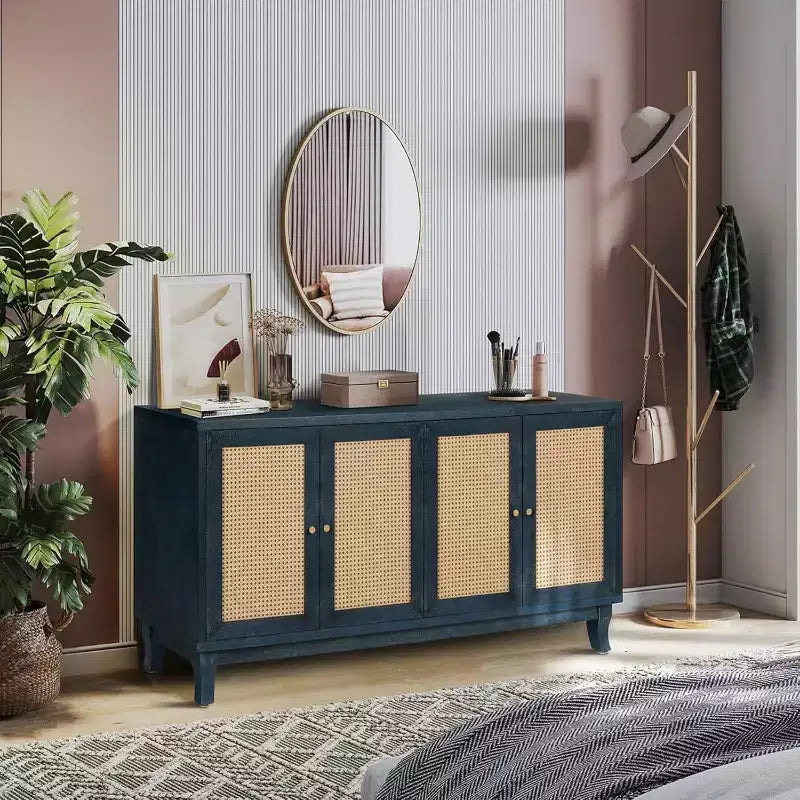 Acekool Rattan Sideboard Buffet Cabinet with 4 Rattan Doors, Adjustable Shelves, Modern Storage Console Table, Blue