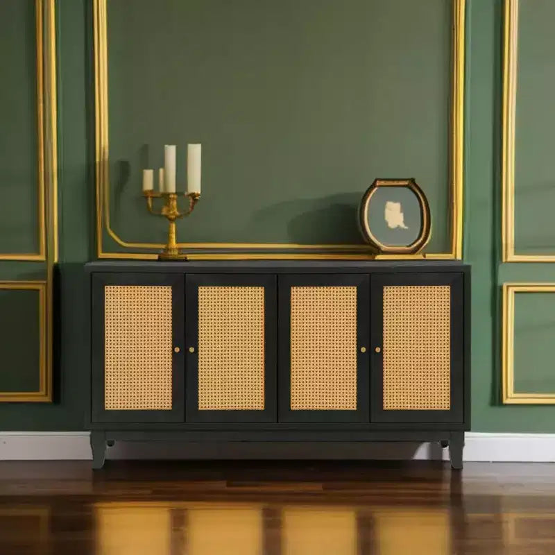 Acekool Rattan Sideboard Buffet Cabinet with 4 Rattan Doors, Adjustable Shelves, Modern Storage Console Table, Blue