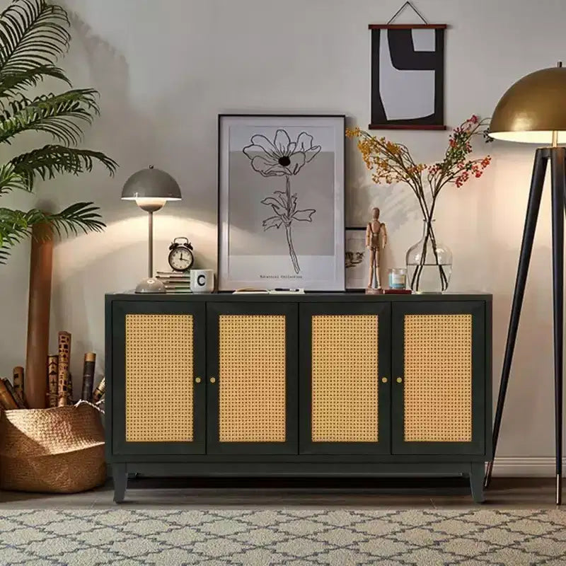 Acekool Rattan Sideboard Buffet Cabinet with 4 Rattan Doors, Adjustable Shelves, Modern Storage Console Table, Blue