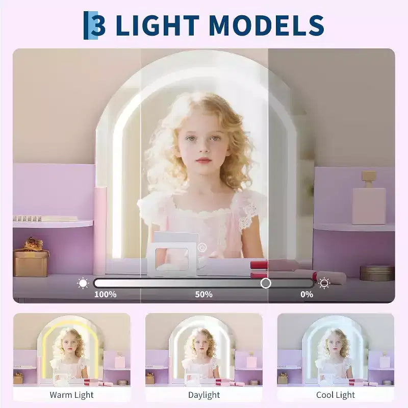 Acekool Kids Vanity Set with Lighted Mirror, Adjustable LED, Stool, Bookshelf, Drawer & Storage Shelves for Girls Ages 3-9, White