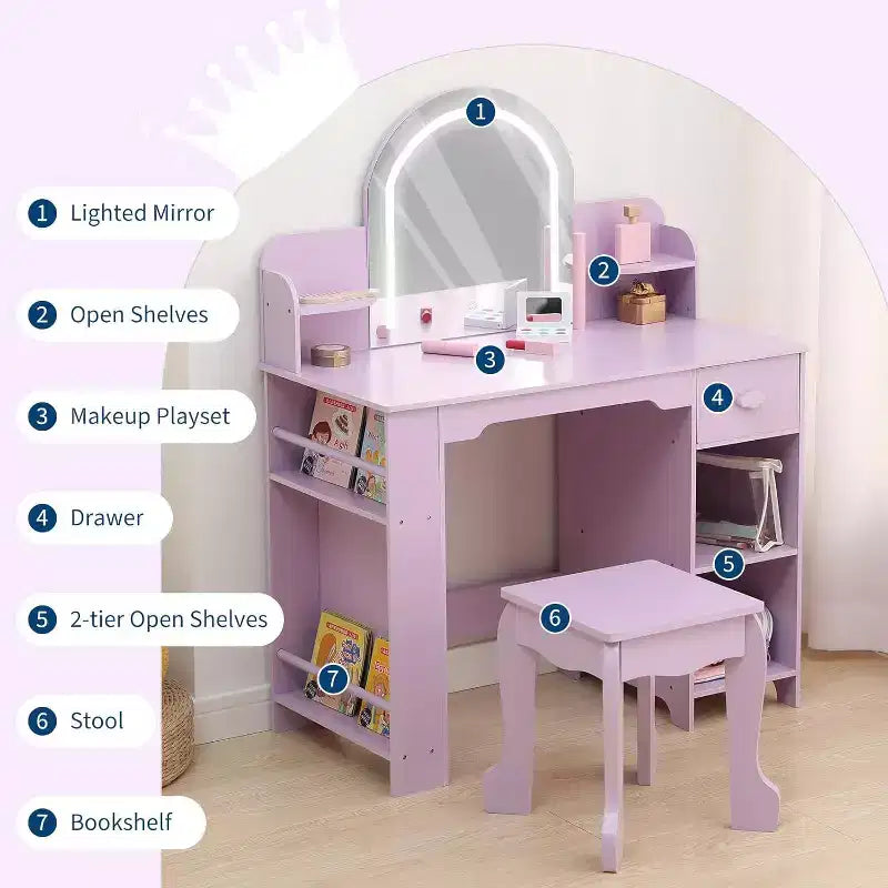 Acekool Kids Vanity Set with Lighted Mirror, Adjustable LED, Stool, Bookshelf, Drawer & Storage Shelves for Girls Ages 3-9, White