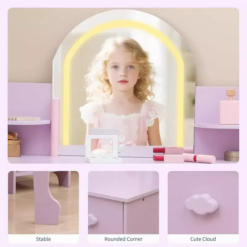 Acekool Kids Vanity Set with Lighted Mirror, Adjustable LED, Stool, Bookshelf, Drawer & Storage Shelves for Girls Ages 3-9, White