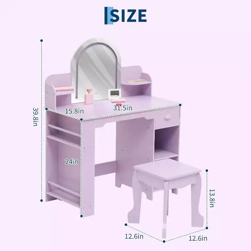 Acekool Kids Vanity Set with Lighted Mirror, Adjustable LED, Stool, Bookshelf, Drawer & Storage Shelves for Girls Ages 3-9, White