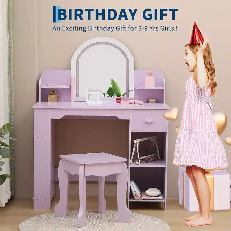 Acekool Kids Vanity Set with Lighted Mirror, Adjustable LED, Stool, Bookshelf, Drawer & Storage Shelves for Girls Ages 3-9, White
