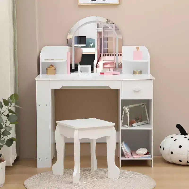 Acekool Kids Vanity Set with Lighted Mirror, Adjustable LED, Stool, Bookshelf, Drawer & Storage Shelves for Girls Ages 3-9, White