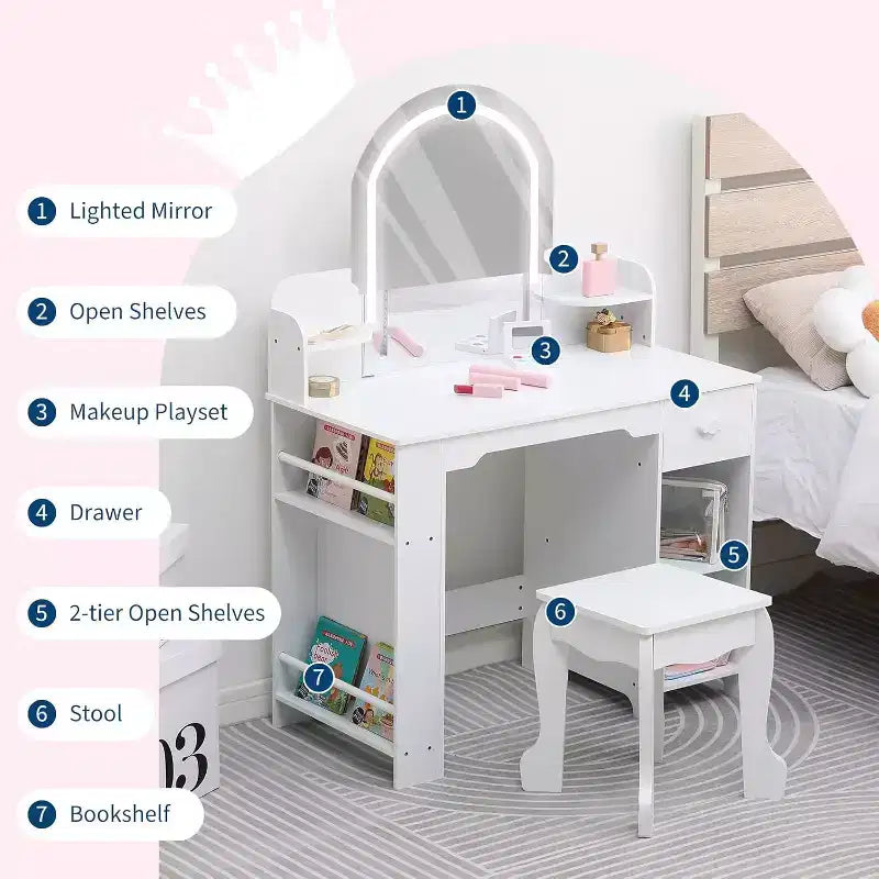 Acekool Kids Vanity Set with Lighted Mirror, Adjustable LED, Stool, Bookshelf, Drawer & Storage Shelves for Girls Ages 3-9, White