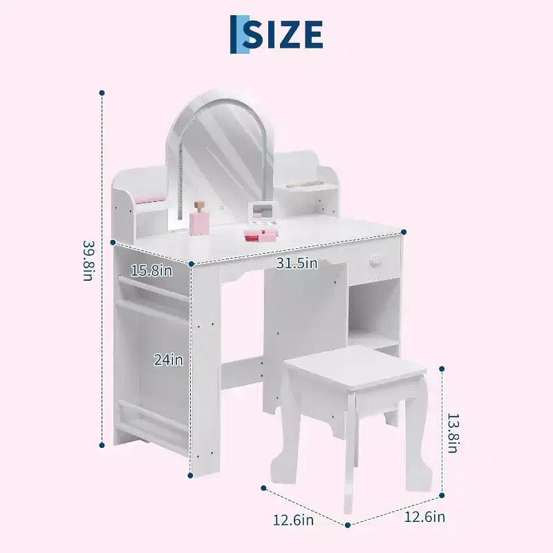 Acekool Kids Vanity Set with Lighted Mirror, Adjustable LED, Stool, Bookshelf, Drawer & Storage Shelves for Girls Ages 3-9, White