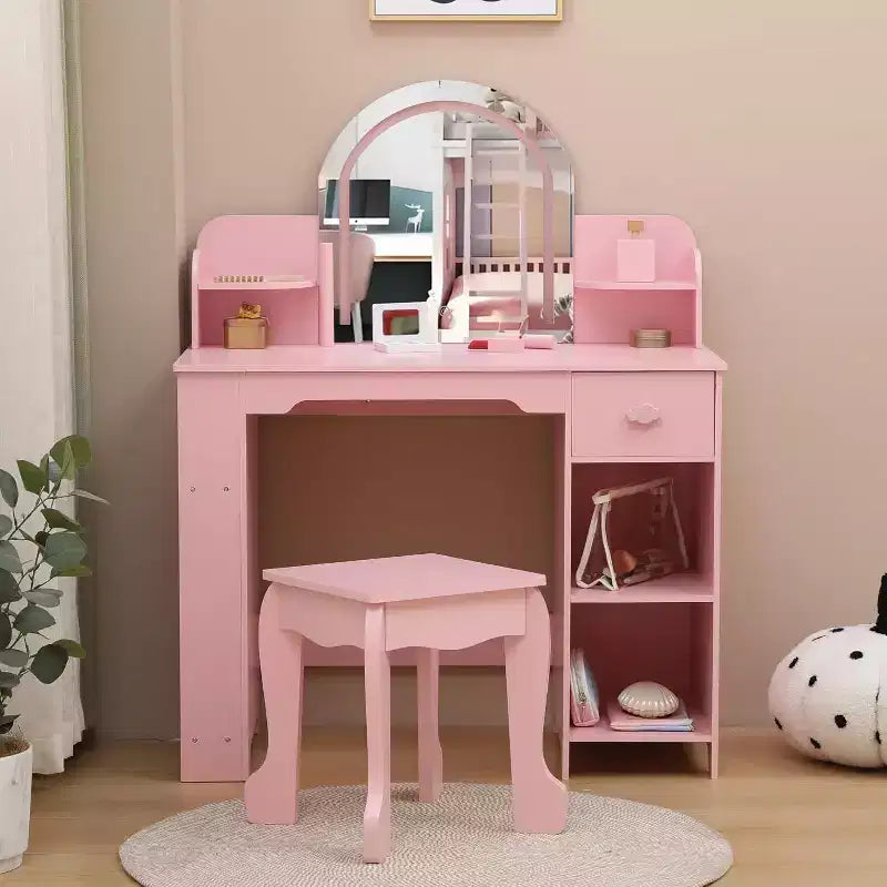Acekool Kids Vanity Set with Lighted Mirror, Adjustable LED, Stool, Bookshelf, Drawer & Storage Shelves for Girls Ages 3-9, White