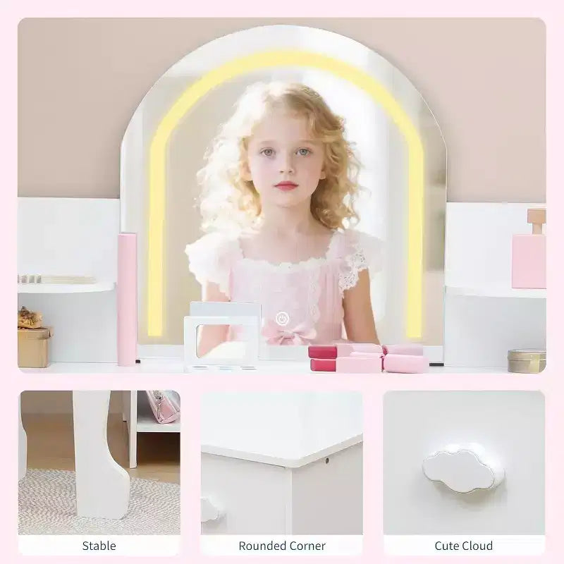 Acekool Kids Vanity Set with Lighted Mirror, Adjustable LED, Stool, Bookshelf, Drawer & Storage Shelves for Girls Ages 3-9, White