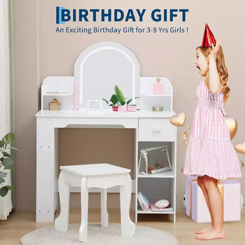 Acekool Kids Vanity Set with Lighted Mirror, Adjustable LED, Stool, Bookshelf, Drawer & Storage Shelves for Girls Ages 3-9, White