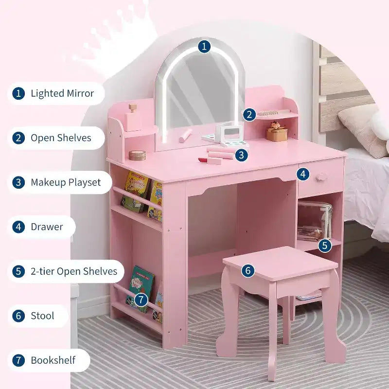 Acekool Kids Vanity Set with Lighted Mirror, Adjustable LED, Stool, Bookshelf, Drawer & Storage Shelves for Girls Ages 3-9, White