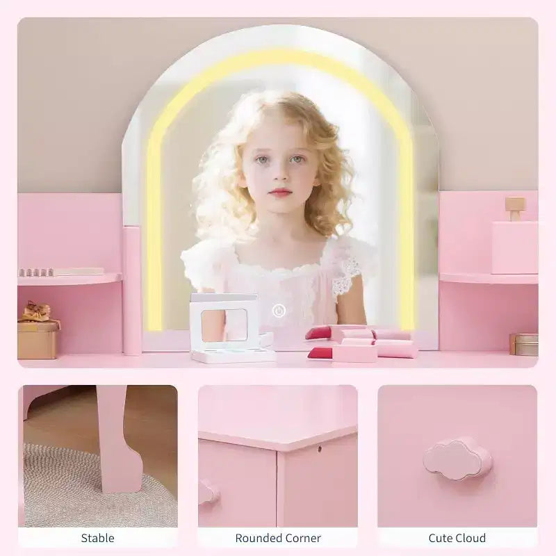 Acekool Kids Vanity Set with Lighted Mirror, Adjustable LED, Stool, Bookshelf, Drawer & Storage Shelves for Girls Ages 3-9, White