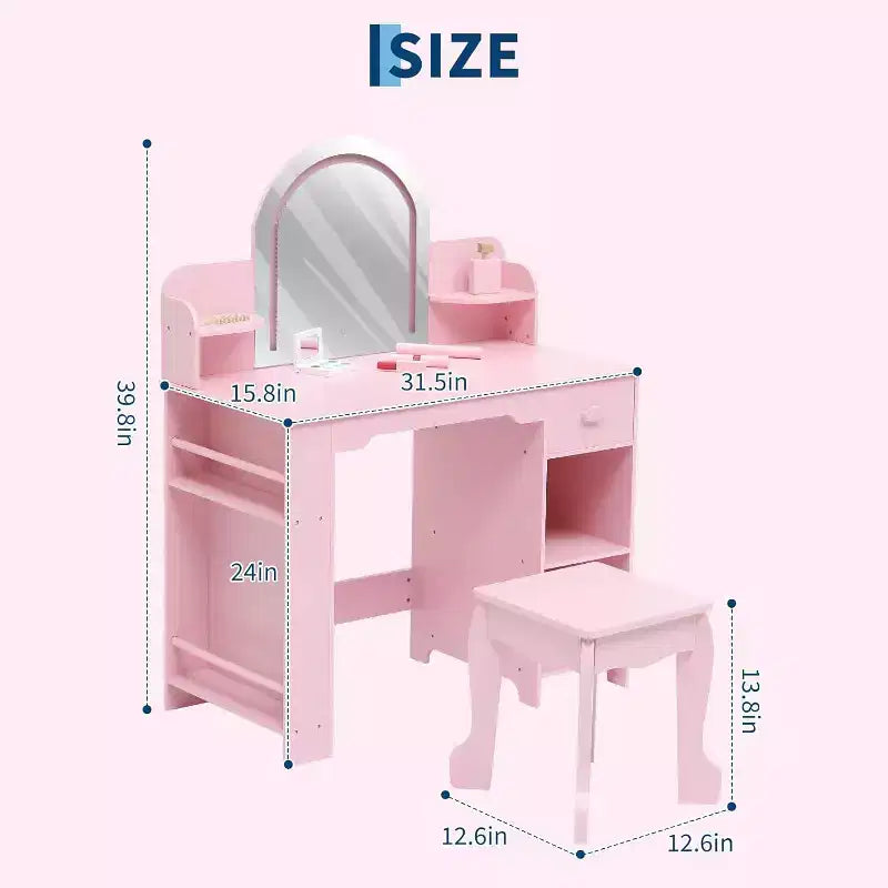 Acekool Kids Vanity Set with Lighted Mirror, Adjustable LED, Stool, Bookshelf, Drawer & Storage Shelves for Girls Ages 3-9, White