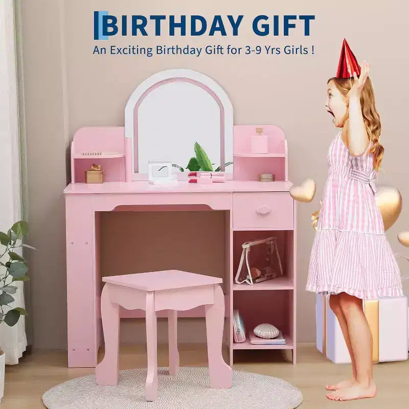 Acekool Kids Vanity Set with Lighted Mirror, Adjustable LED, Stool, Bookshelf, Drawer & Storage Shelves for Girls Ages 3-9, White