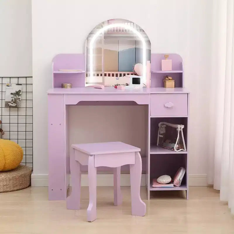 Acekool Kids Vanity Set with Lighted Mirror, Adjustable LED, Stool, Bookshelf, Drawer & Storage Shelves for Girls Ages 3-9, White