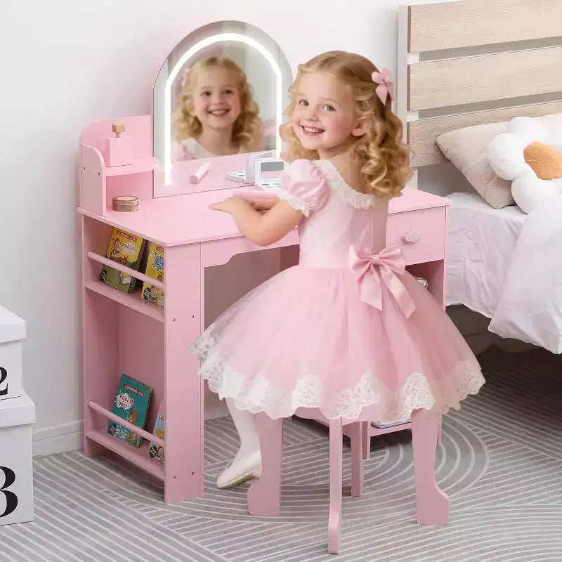 Acekool Kids Vanity Set with Lighted Mirror, Adjustable LED, Stool, Bookshelf, Drawer & Storage Shelves for Girls Ages 3-9, White