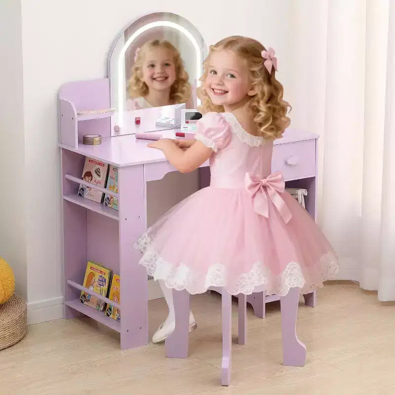 Acekool Kids Vanity Set with Lighted Mirror, Adjustable LED, Stool, Bookshelf, Drawer & Storage Shelves for Girls Ages 3-9, White
