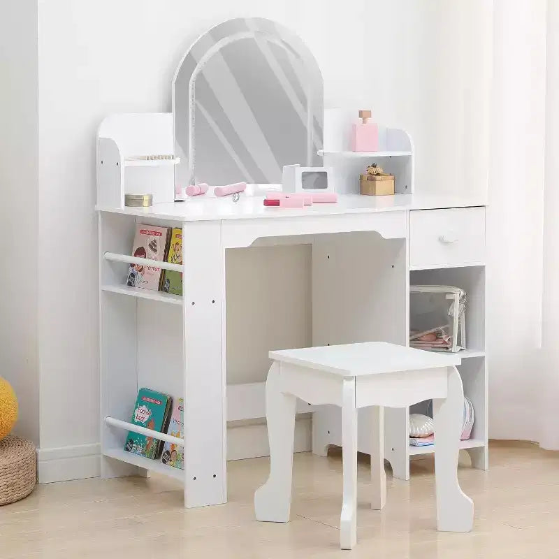 Acekool Kids Vanity Set with Lighted Mirror, Adjustable LED, Stool, Bookshelf, Drawer & Storage Shelves for Girls Ages 3-9, White