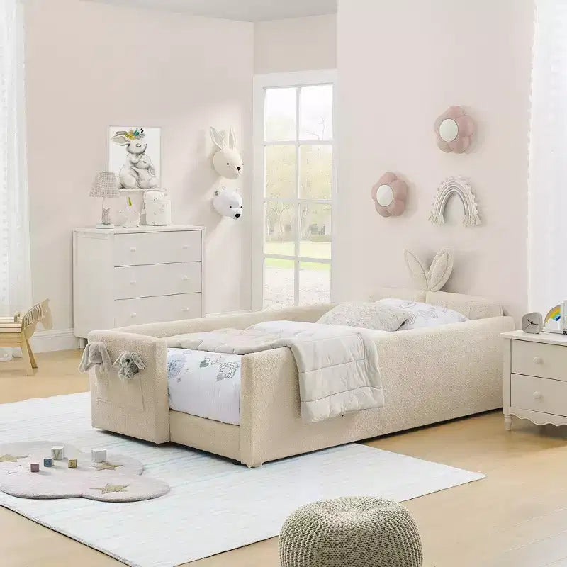 GDFStudio Chloe Twin Size Upholstered Montessori Floor Bed with Safety Rail