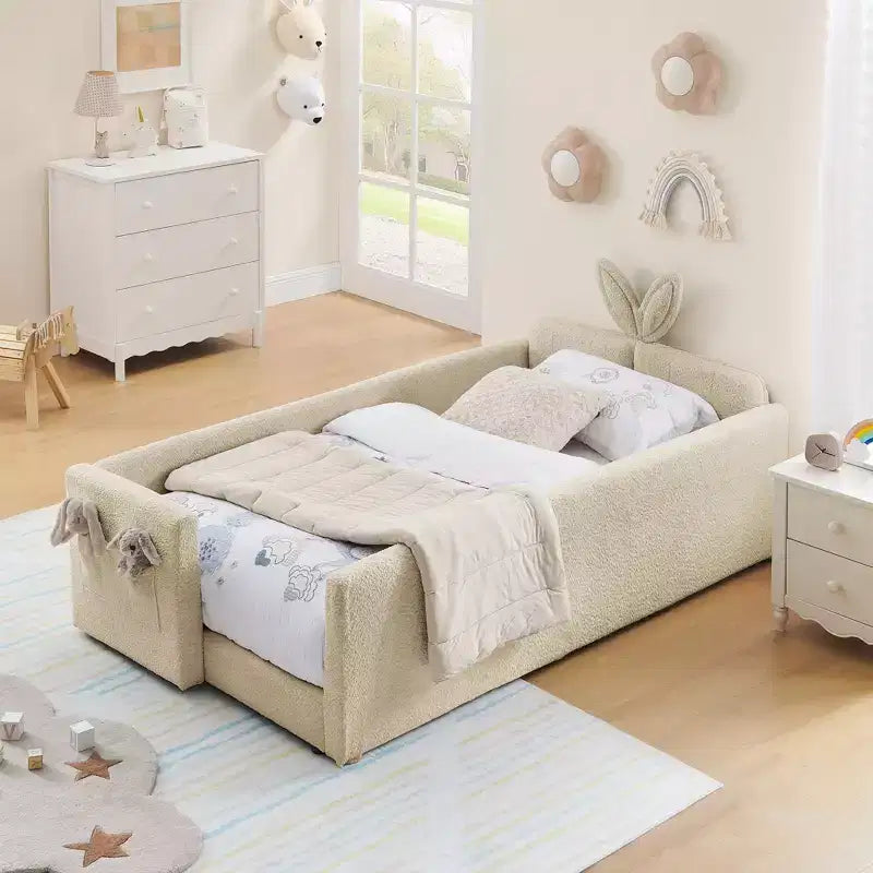 GDFStudio Chloe Twin Size Upholstered Montessori Floor Bed with Safety Rail