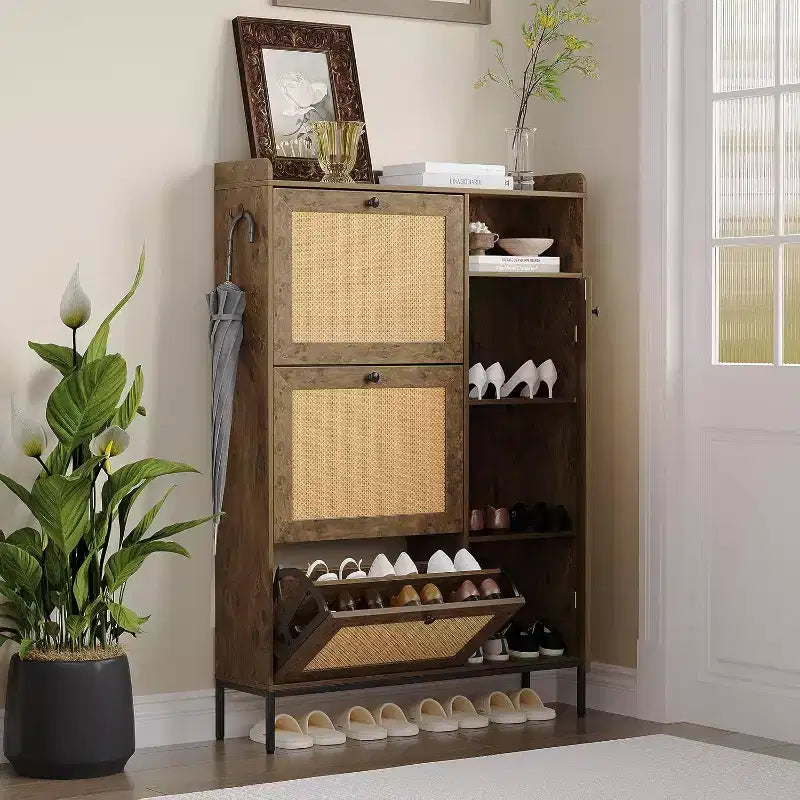 Rattan Shoe Storage Cabinet with 3 Flip Drawers, 4-Tier Shoe Organizer for Entryway, Hallway