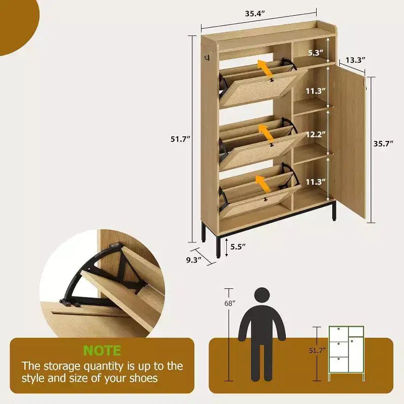 Rattan Shoe Storage Cabinet with 3 Flip Drawers, 4-Tier Shoe Organizer for Entryway, Hallway
