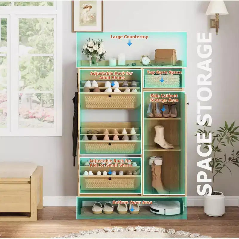 Rattan Shoe Storage Cabinet with 3 Flip Drawers, 4-Tier Shoe Organizer for Entryway, Hallway
