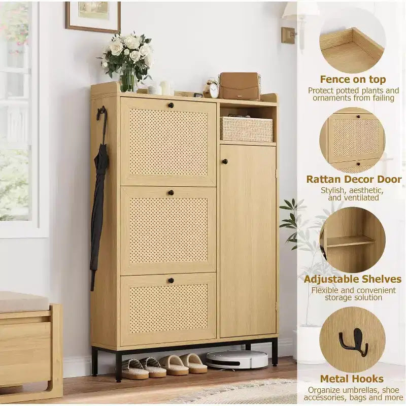 Rattan Shoe Storage Cabinet with 3 Flip Drawers, 4-Tier Shoe Organizer for Entryway, Hallway