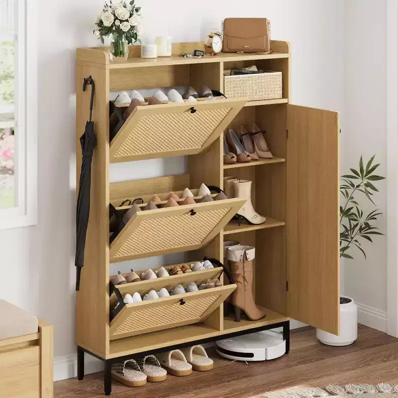 Rattan Shoe Storage Cabinet with 3 Flip Drawers, 4-Tier Shoe Organizer for Entryway, Hallway