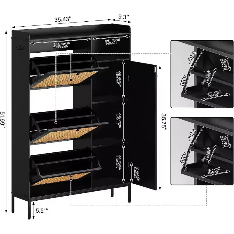 Rattan Shoe Storage Cabinet with 3 Flip Drawers, 4-Tier Shoe Organizer for Entryway, Hallway