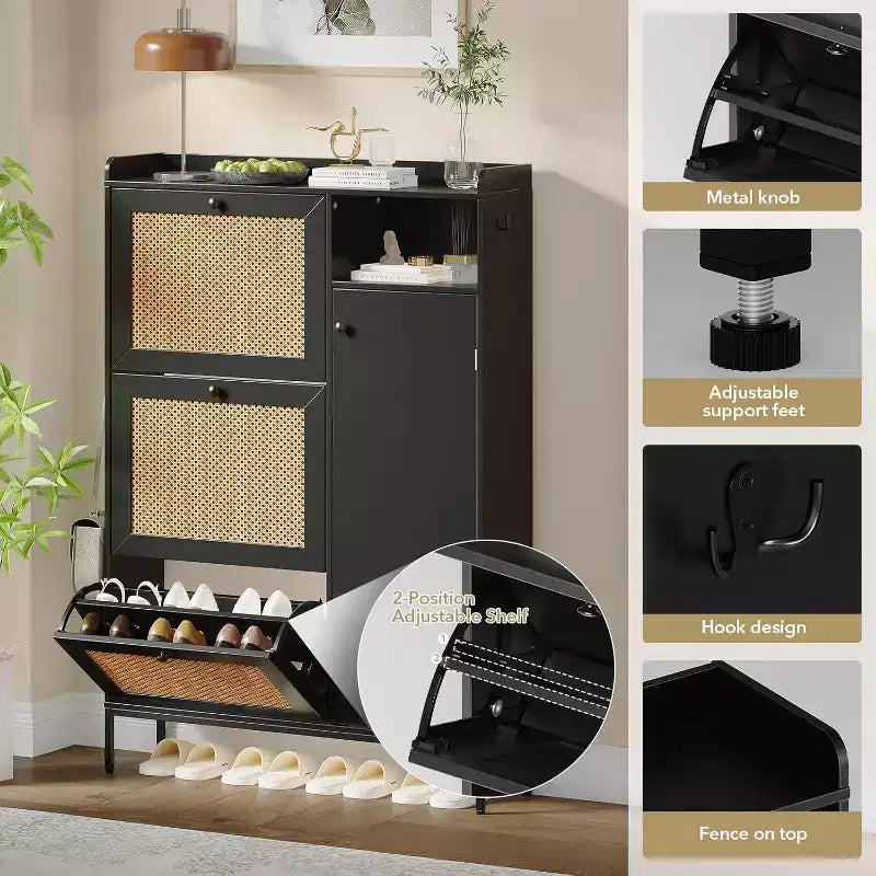 Rattan Shoe Storage Cabinet with 3 Flip Drawers, 4-Tier Shoe Organizer for Entryway, Hallway