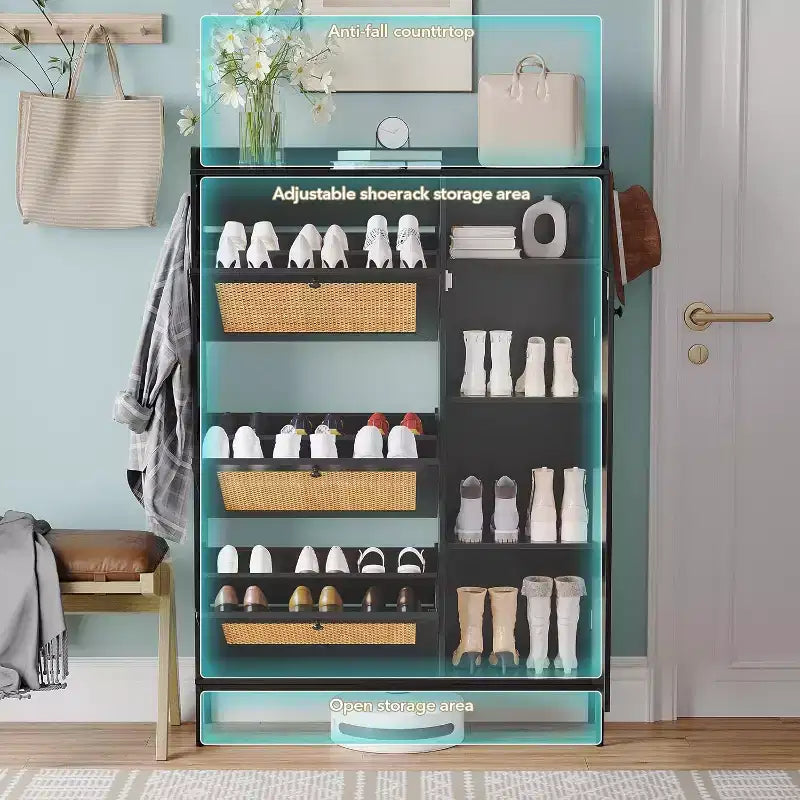 Rattan Shoe Storage Cabinet with 3 Flip Drawers, 4-Tier Shoe Organizer for Entryway, Hallway