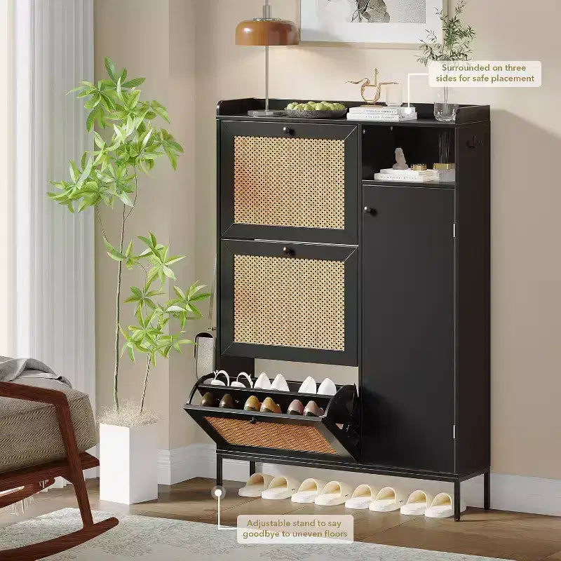 Rattan Shoe Storage Cabinet with 3 Flip Drawers, 4-Tier Shoe Organizer for Entryway, Hallway