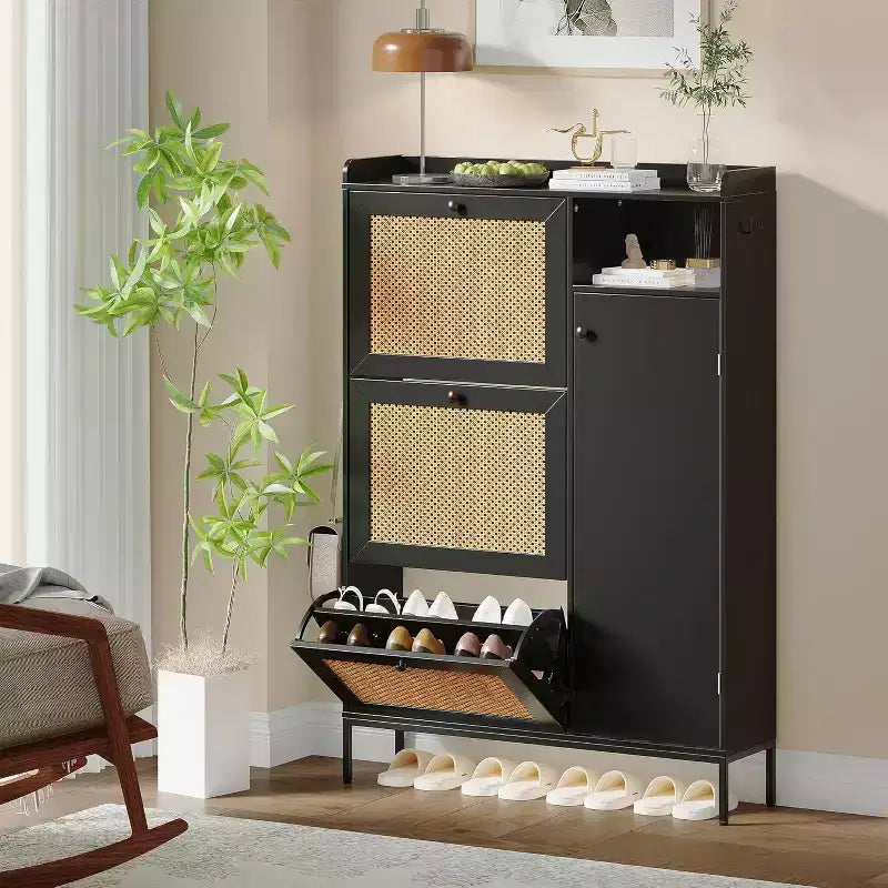 Rattan Shoe Storage Cabinet with 3 Flip Drawers, 4-Tier Shoe Organizer for Entryway, Hallway