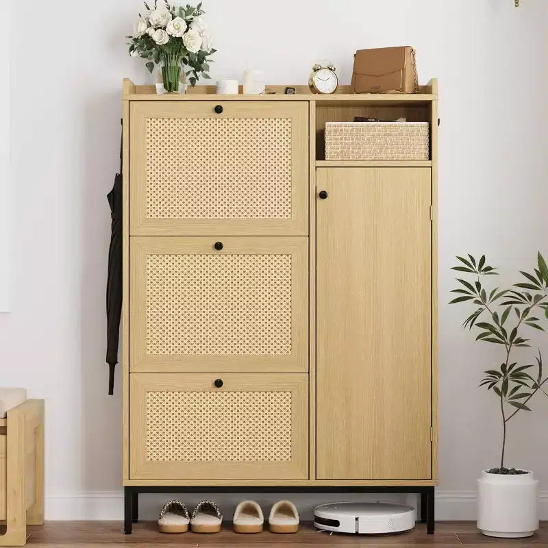Rattan Shoe Storage Cabinet with 3 Flip Drawers, 4-Tier Shoe Organizer for Entryway, Hallway