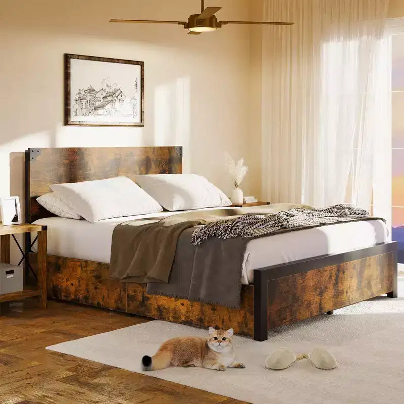 Queen Bed Frame with Storage, 4 Drawers and Heavy Duty Strong Metal Support Bed Frame with Wooden Headboard and Footboard