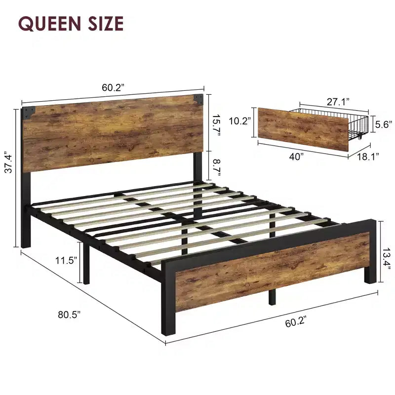 Queen Bed Frame with Storage, 4 Drawers and Heavy Duty Strong Metal Support Bed Frame with Wooden Headboard and Footboard