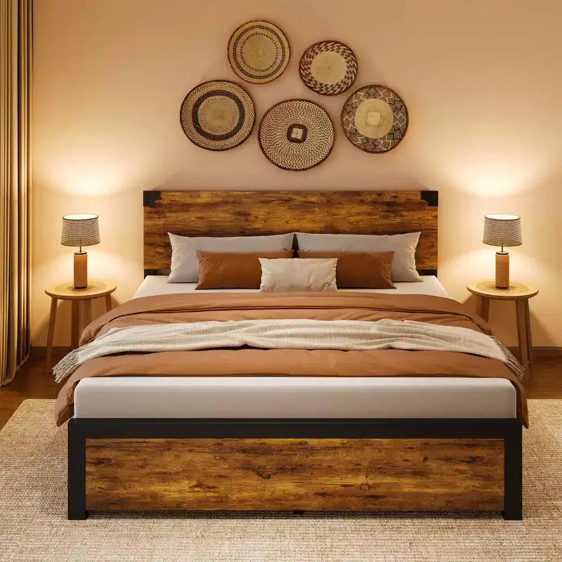 Queen Bed Frame with Storage, 4 Drawers and Heavy Duty Strong Metal Support Bed Frame with Wooden Headboard and Footboard