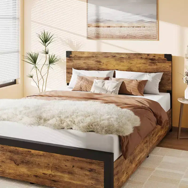 Queen Bed Frame with Storage, 4 Drawers and Heavy Duty Strong Metal Support Bed Frame with Wooden Headboard and Footboard
